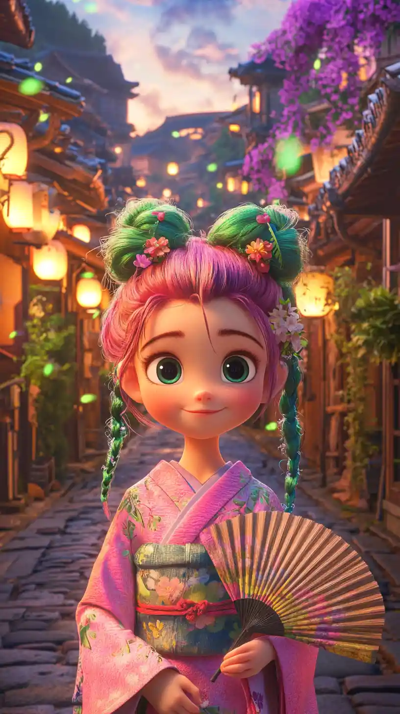 Chica de anime de pelo rosa con kimono en una calle iluminada por faroles