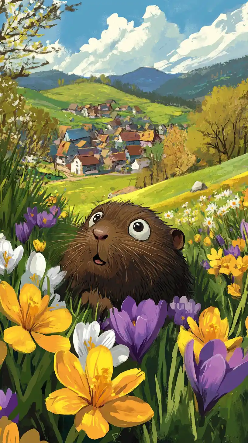 Surprised mole in a sunny spring meadow illustration