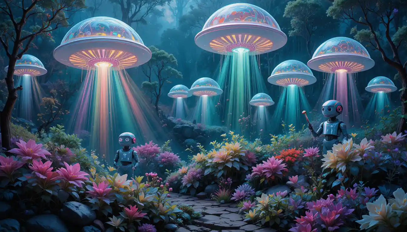 Whimsical Futuristic Garden With Robots And Bioluminescent Plants