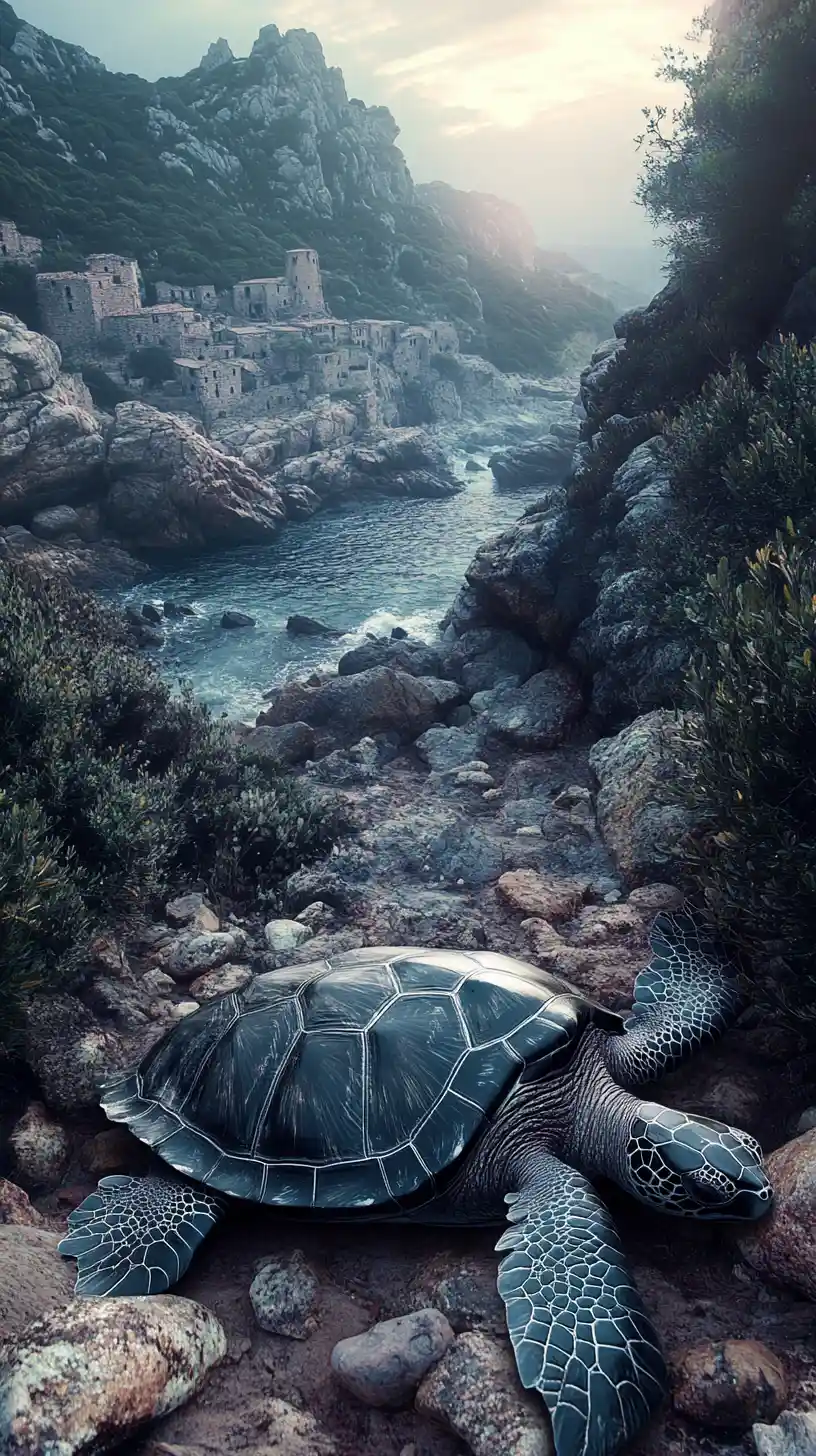 Dark fantasy sea turtle by Corsican coastal cliffs