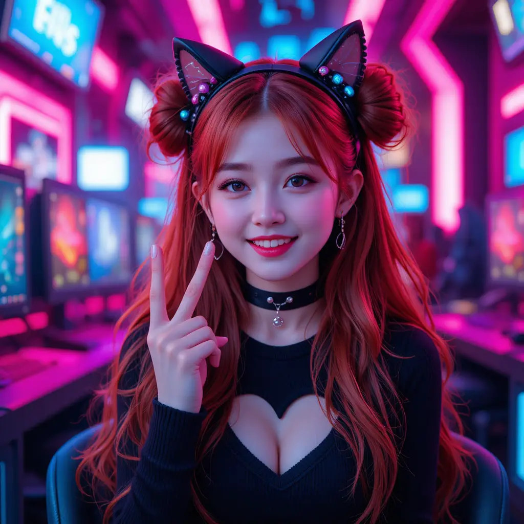 Playful Korean girl with cat ears in neon gaming lounge