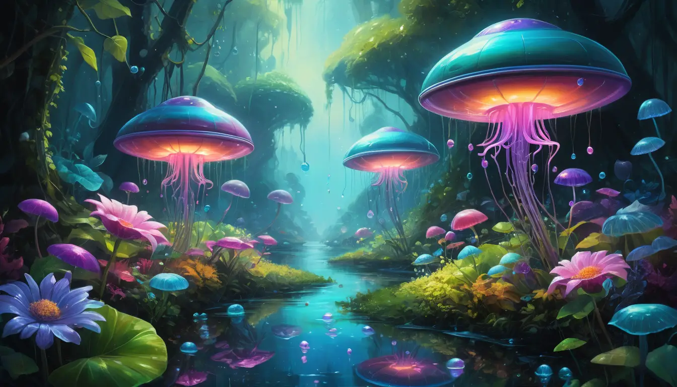 Whimsical Futuristic Garden With Flying Saucers And Robots