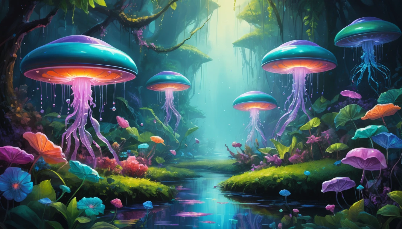 Robots de jardín futuristas cuidando plantas bioluminiscentes brillantes