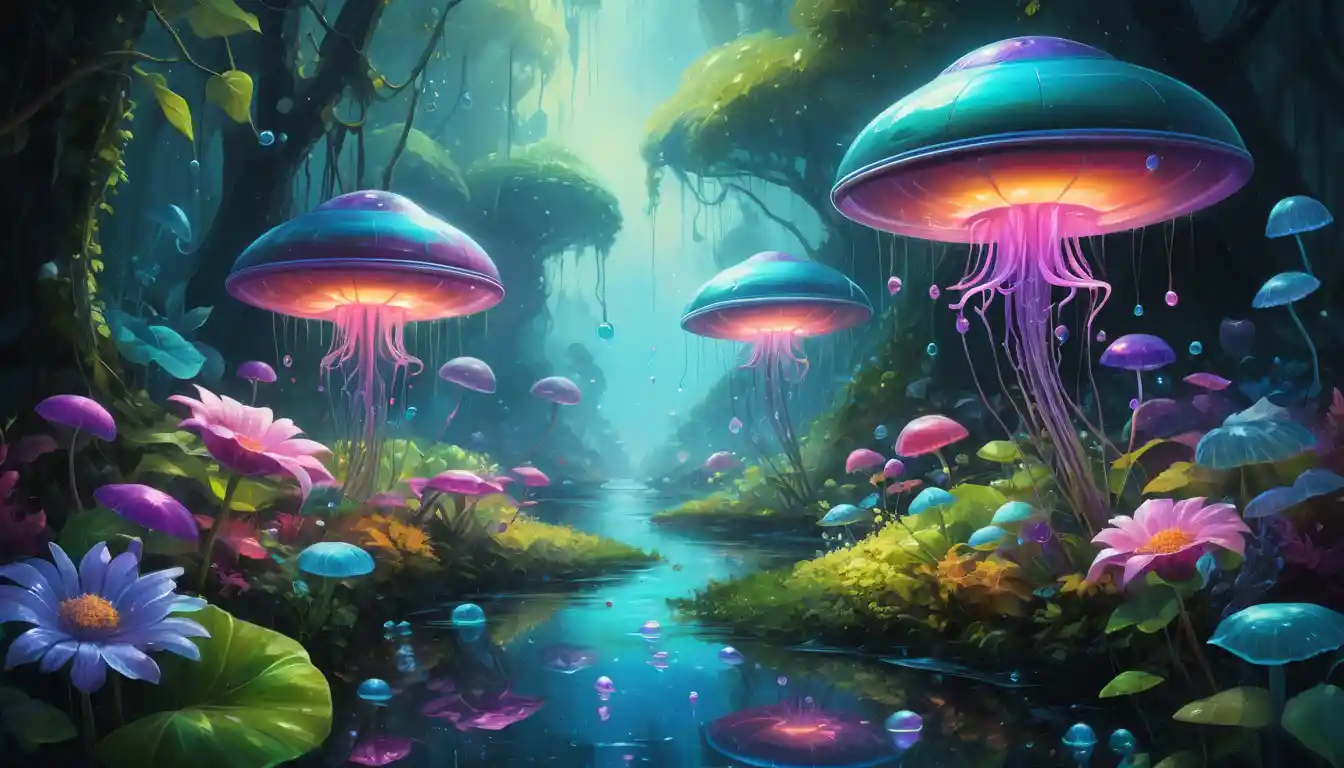 Jardín futurista fantasioso con platillos voladores y robots