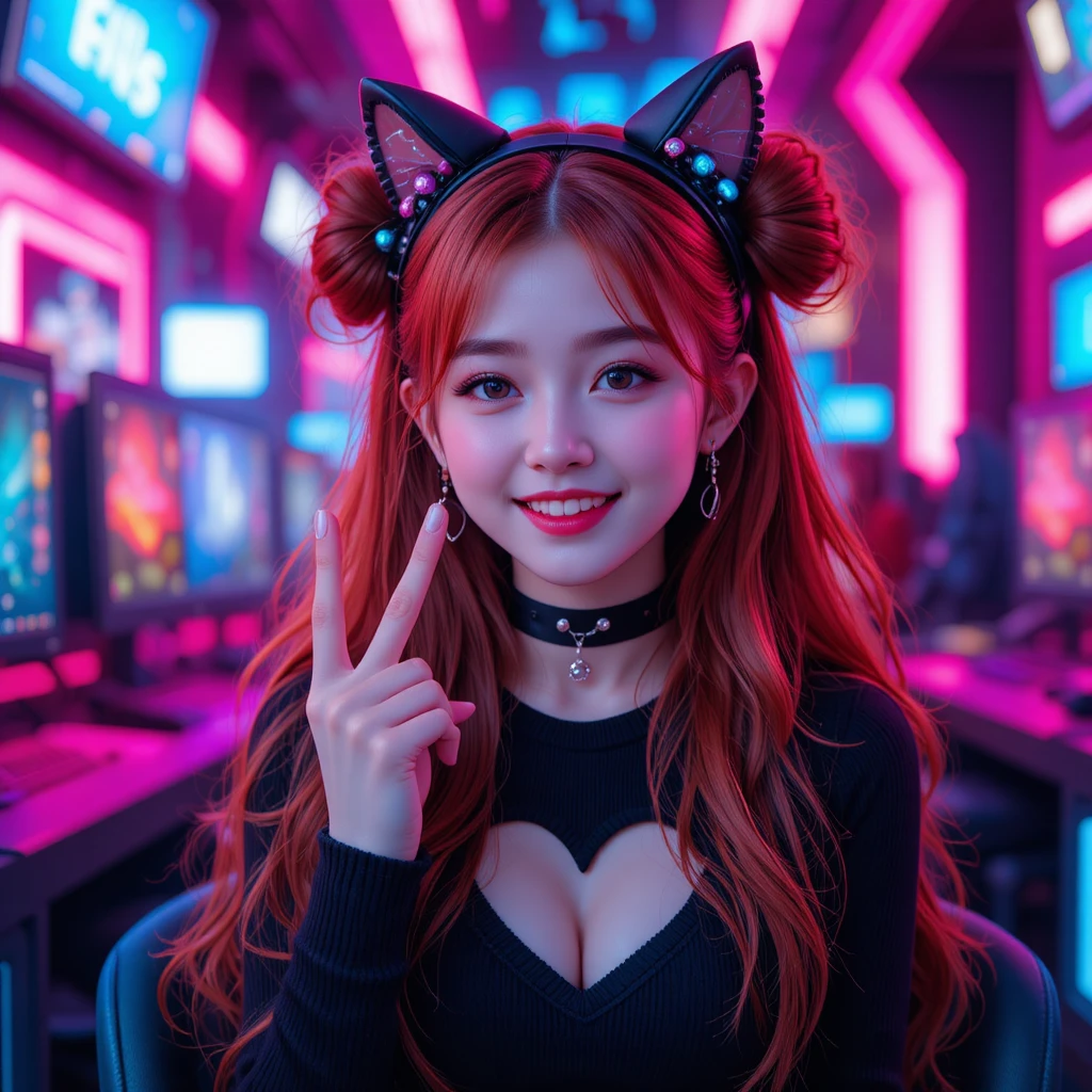Jeune Coréenne espiègle avec oreilles de chat dans un lounge gaming néon