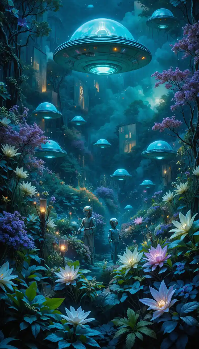 Futuristische Roboter pflegen einen leuchtenden biolumineszenten Park