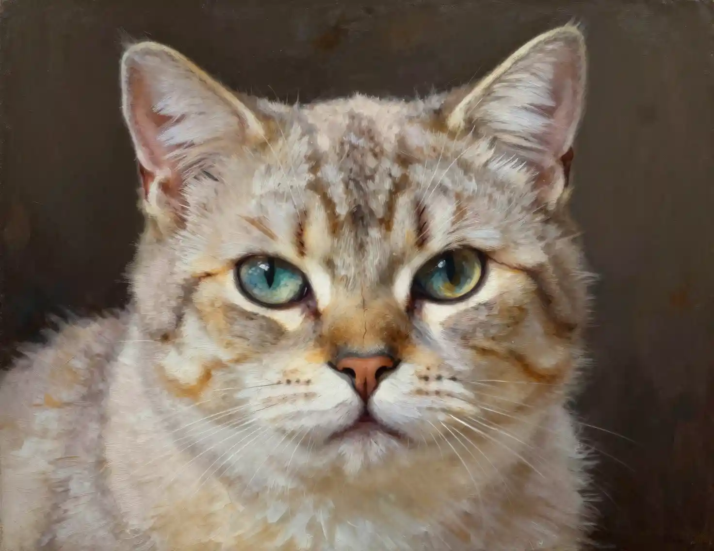 Ölporträt einer vernarbten einäugigen alten Katze