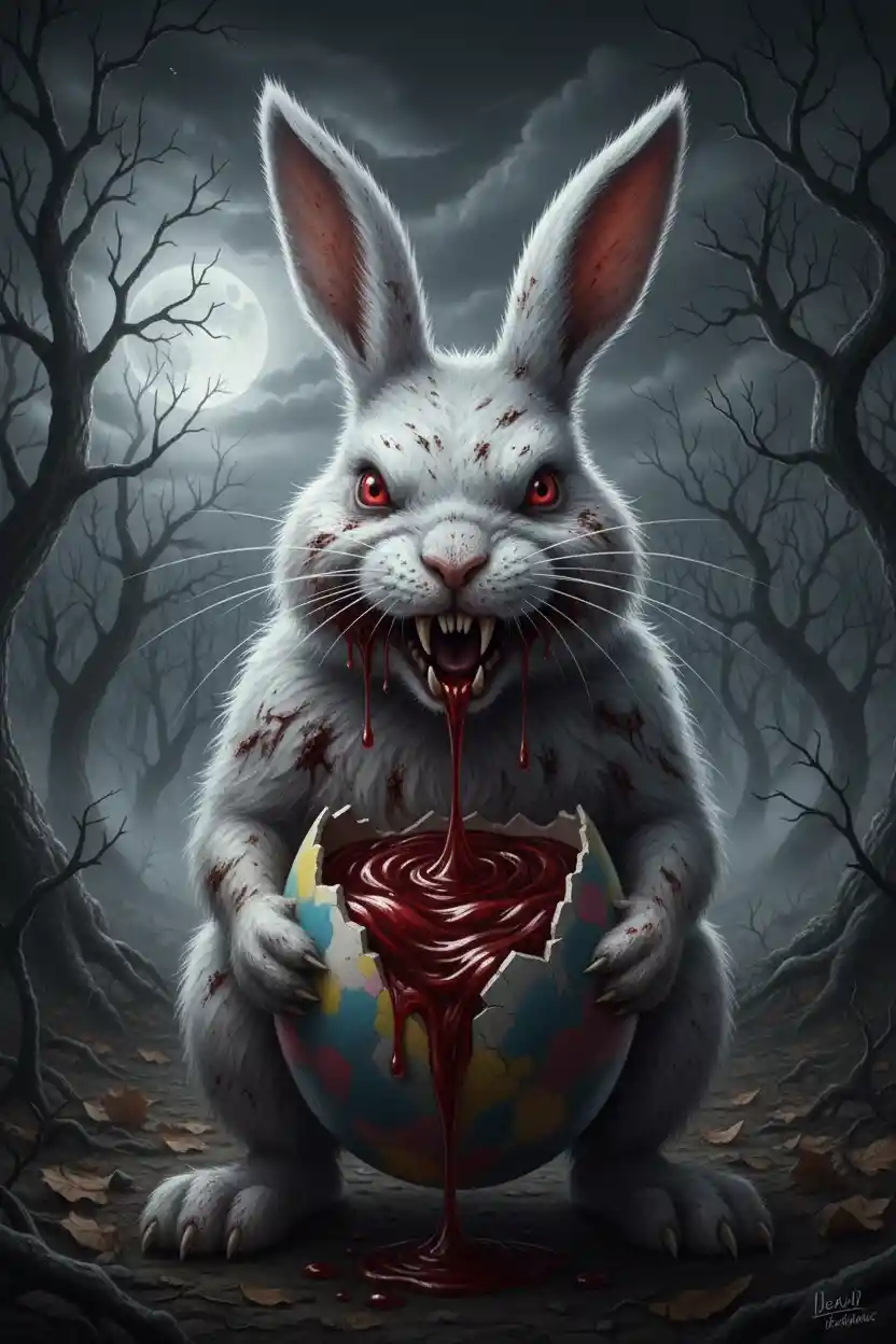 Rabid White Rabbit Devouring Bloody Easter Egg At Night