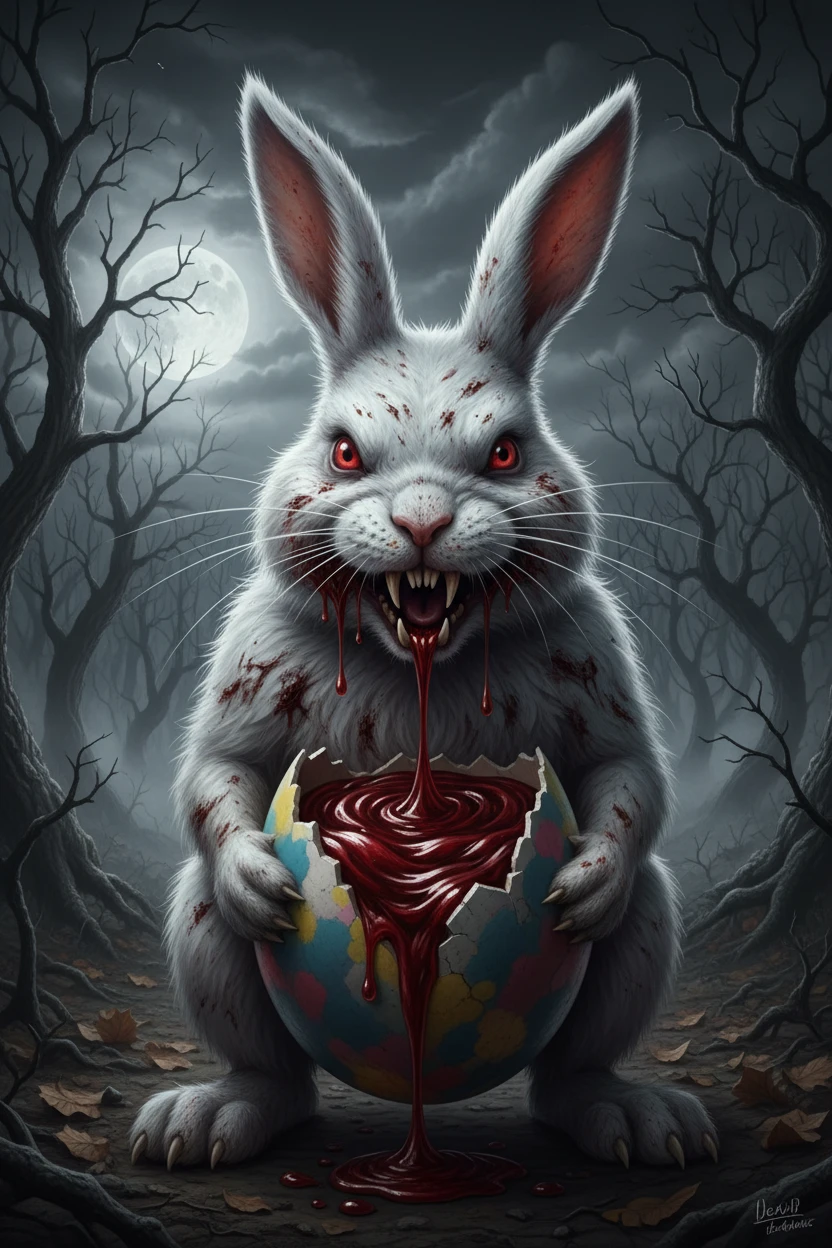 Rabid White Rabbit Devouring Bloody Easter Egg At Night