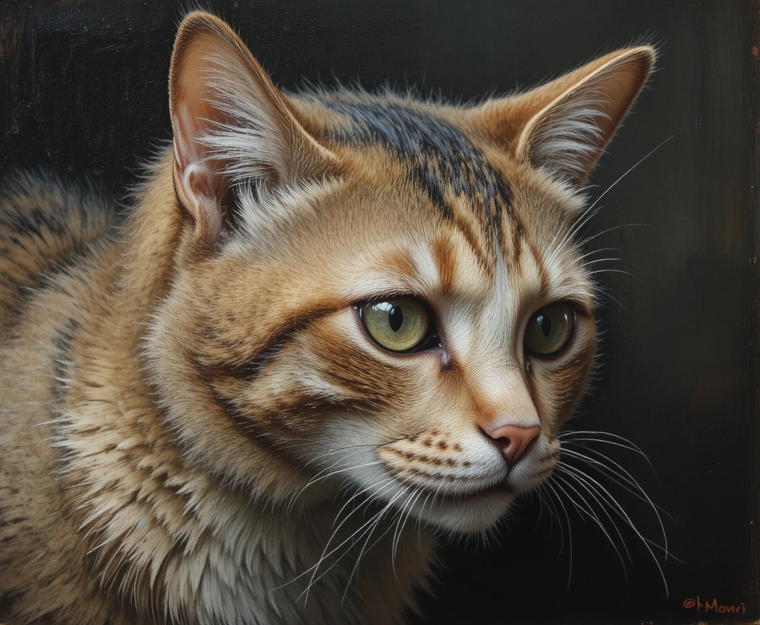Oil painting portrait of a scarred one eyed old cat