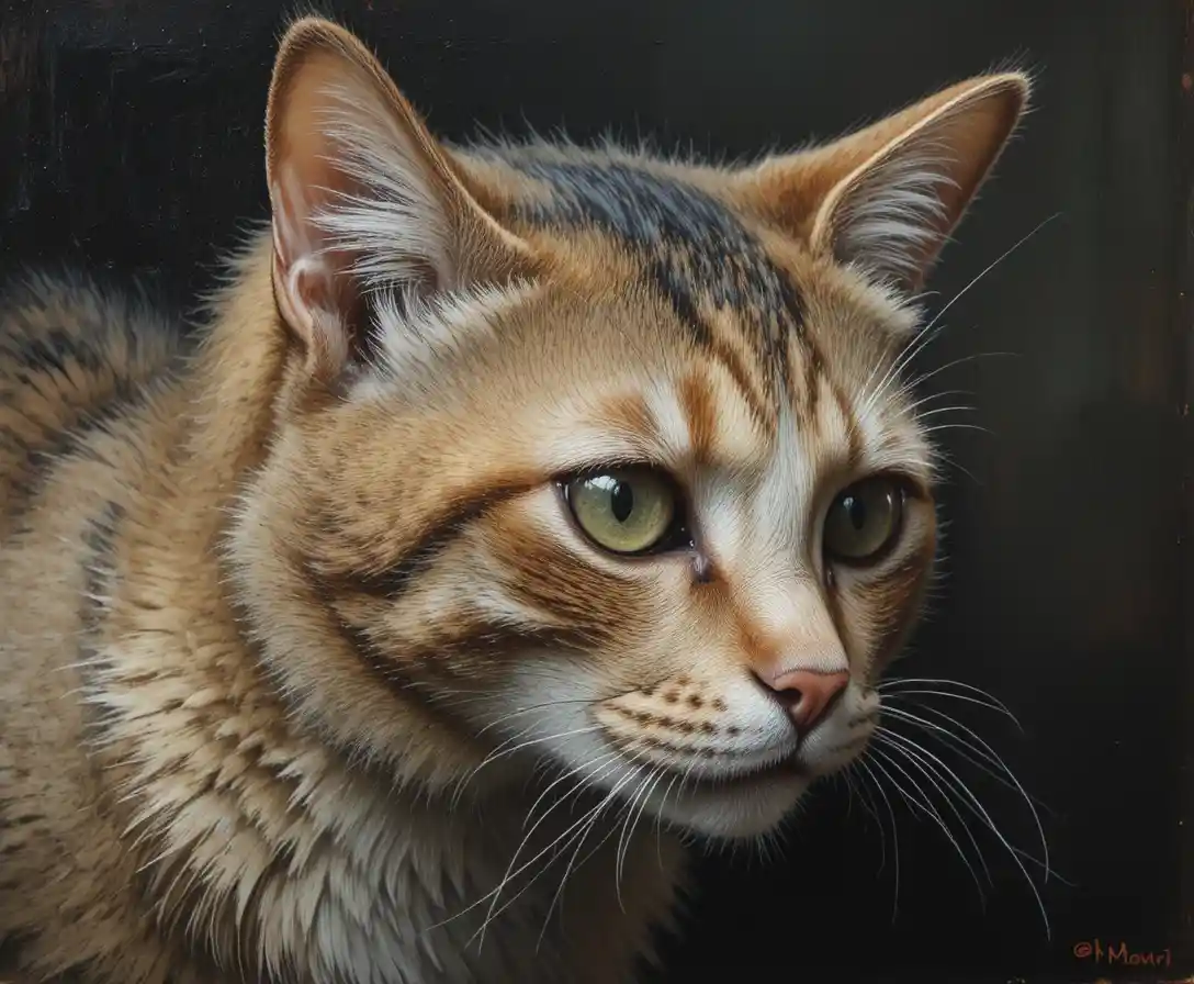 Oil painting portrait of a scarred one eyed old cat