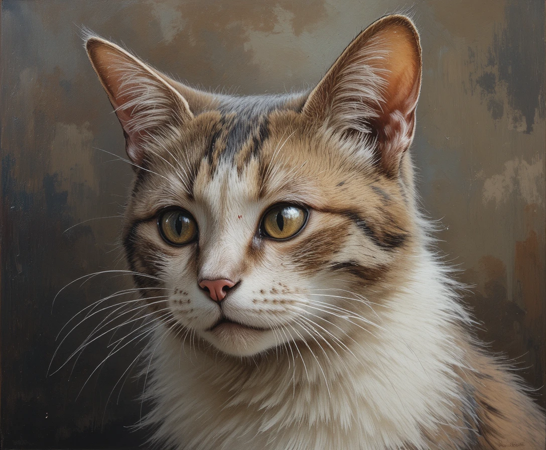 Retrato en óleo de un viejo gato tuerto con cicatrices de batalla