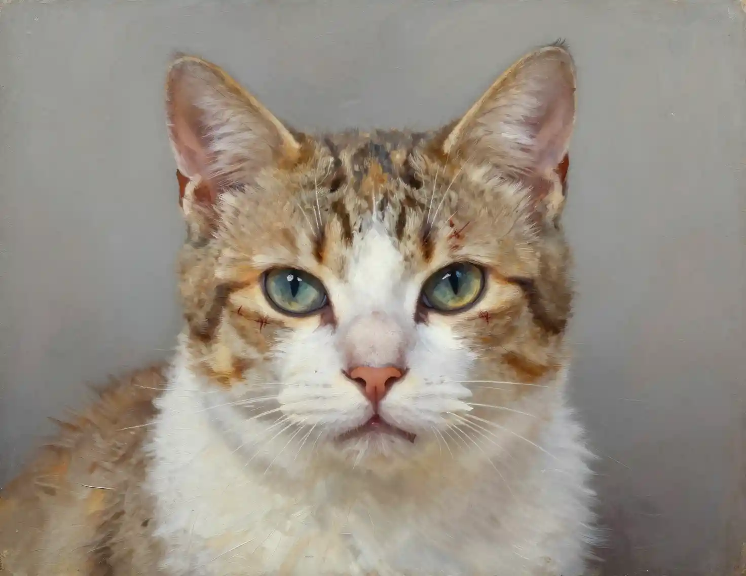 한쪽 눈에 상처가 가득한 늙은 고양이의 유화 초상화