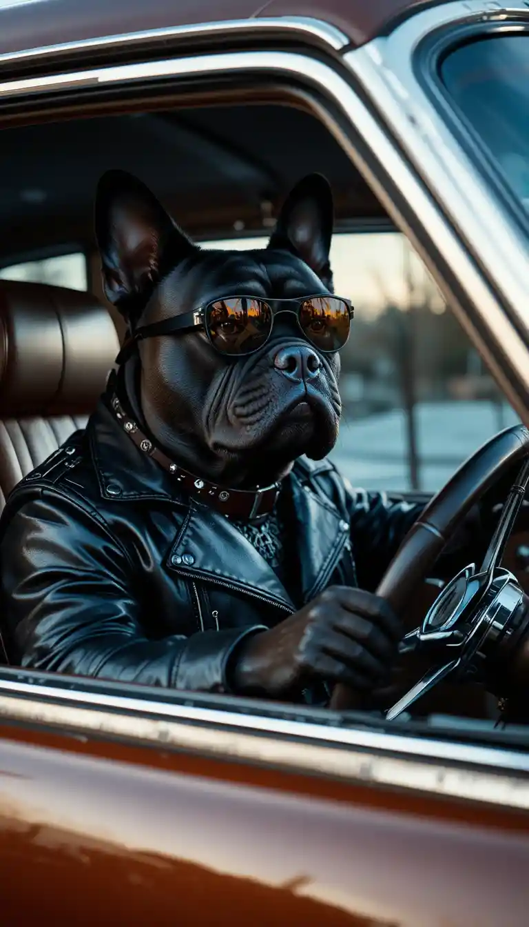 Französische Bulldogge fährt bei Dämmerung einen Luxuswagen