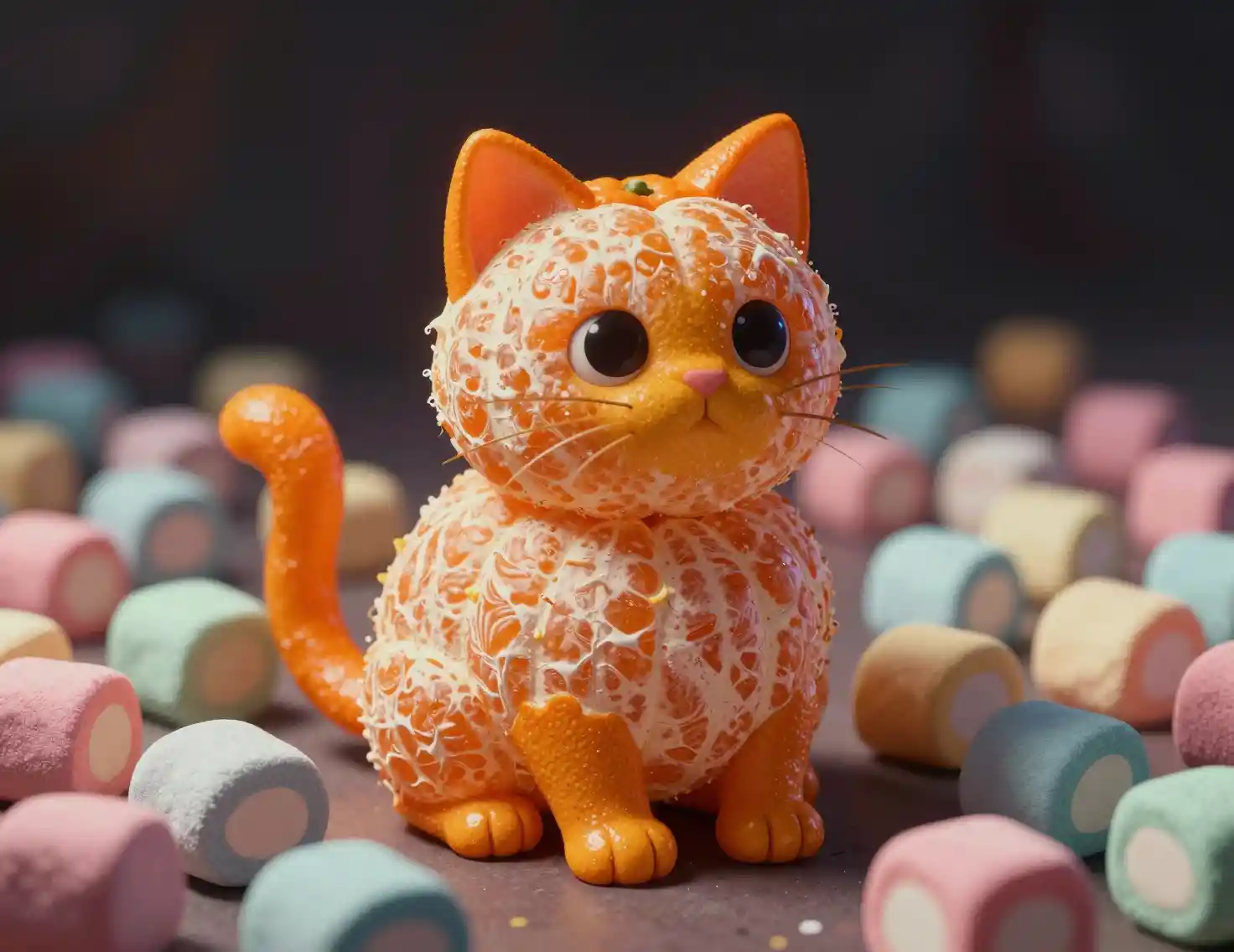 Arancia sbucciata a forma di gatto 3D tra marshmallow colorati