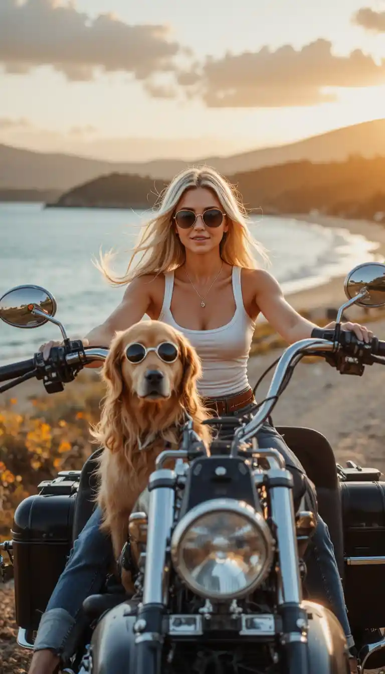 Donna in moto con cane nel sidecar al tramonto