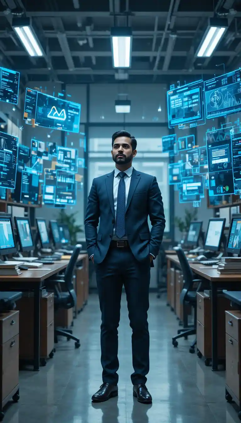 Confident professional in modern office with ai technology