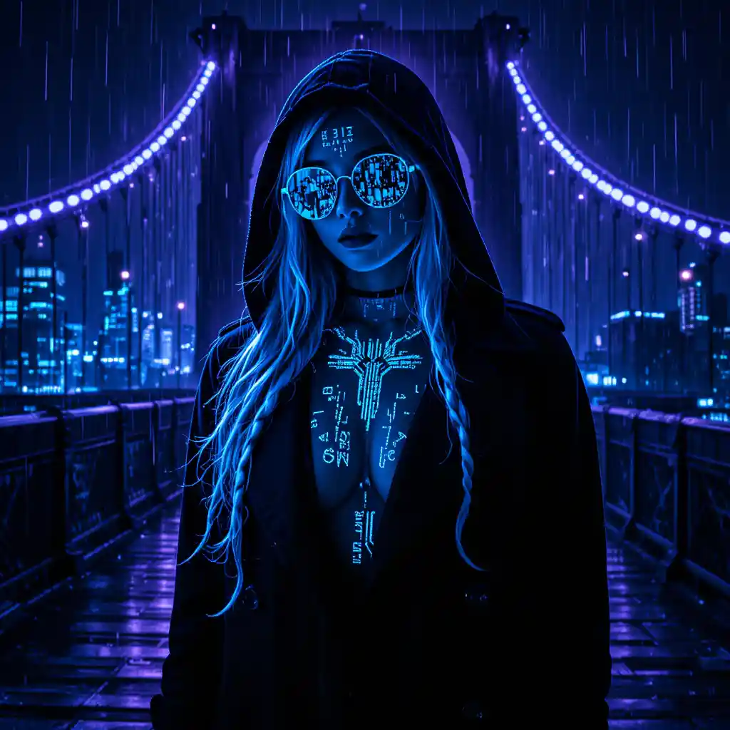 Hooded cyberpunk woman under the Brooklyn Bridge at night