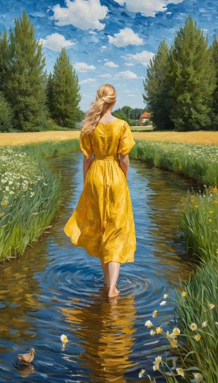 Nackte junge Frau füttert Gänse in einem sonnenbeschienenen Teich