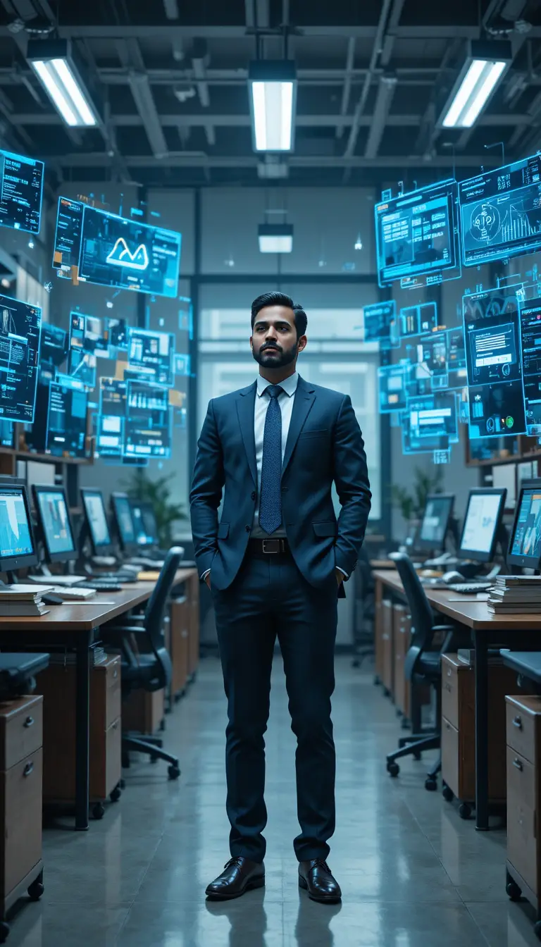 Confident professional in modern office with ai technology