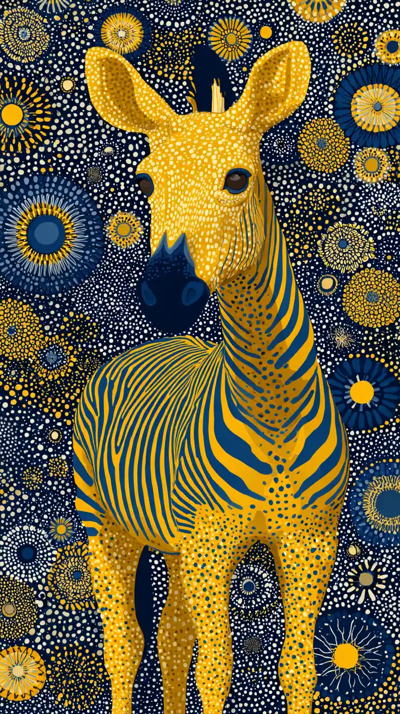 Yellow stylized zebra on dotted blue abstract background