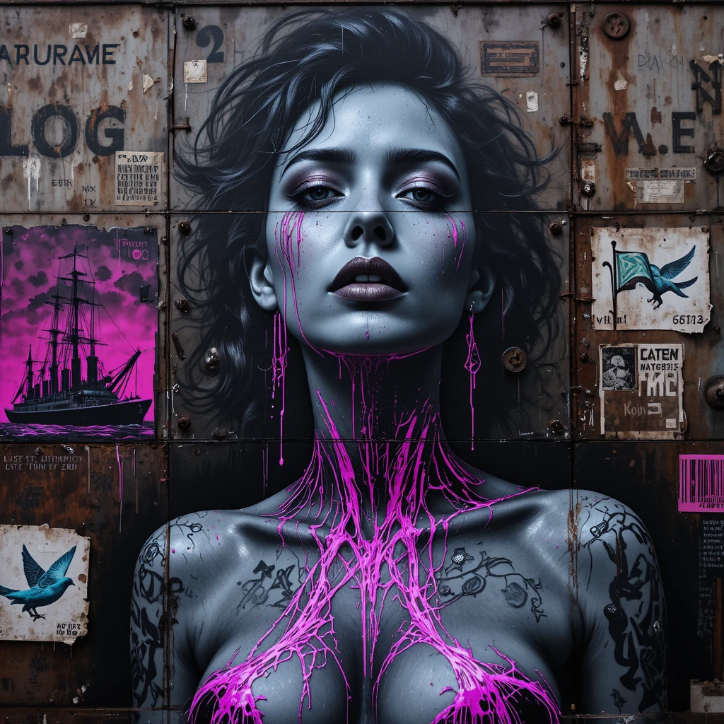 Noir neon woman portrait painted on rusted ship hull