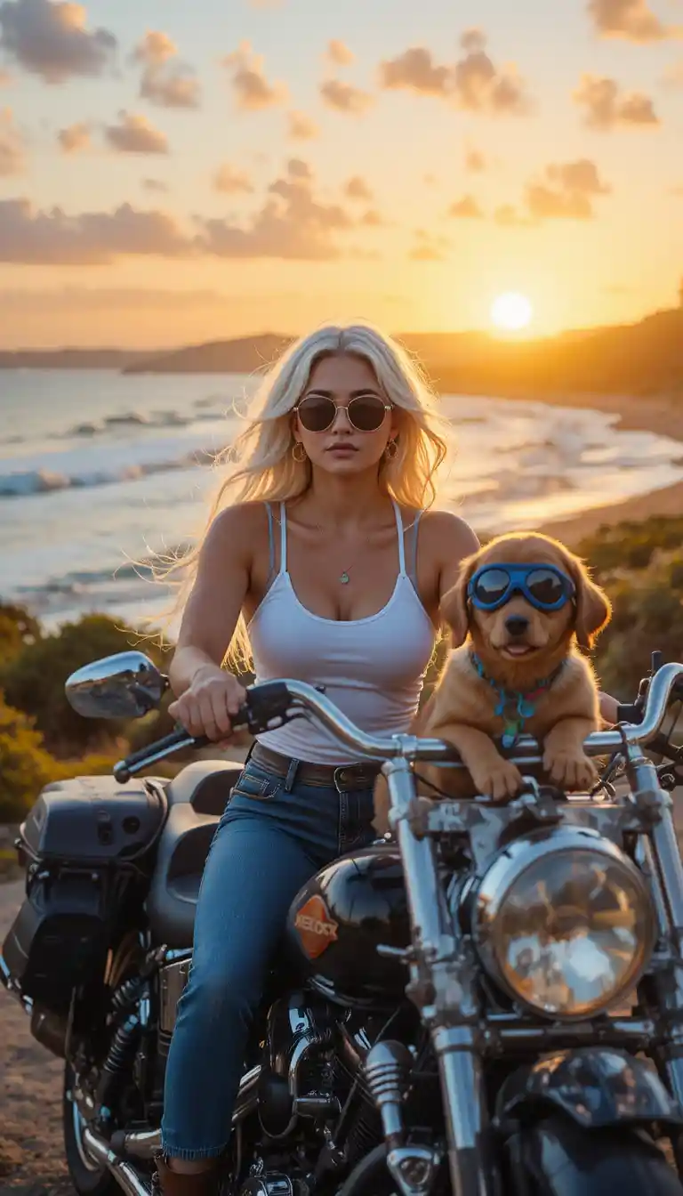 Woman riding motorcycle with dog in sidecar at sunset