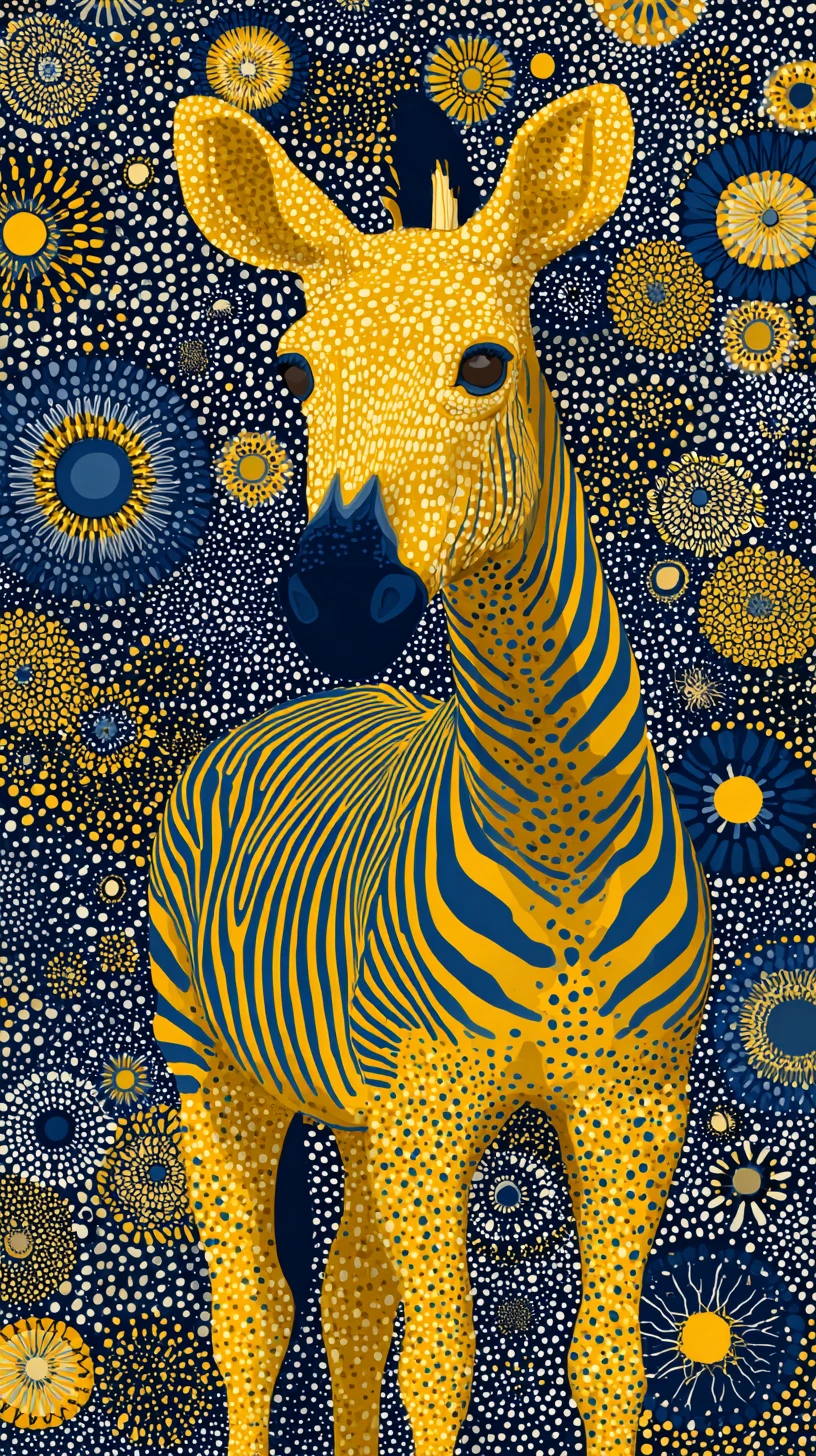 Yellow stylized zebra on dotted blue abstract background