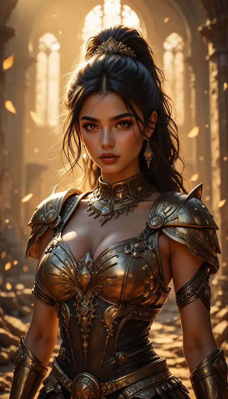 Latina fantasy warrior woman in golden ruined cathedral