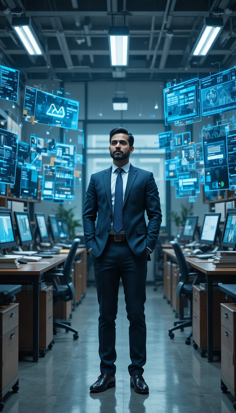 Confident professional in modern office with ai technology