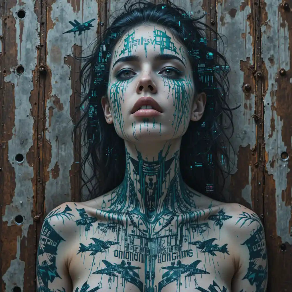 Surreal glitch woman mural on rusted aircraft carrier hull