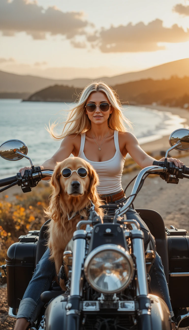 Donna in moto con cane nel sidecar al tramonto