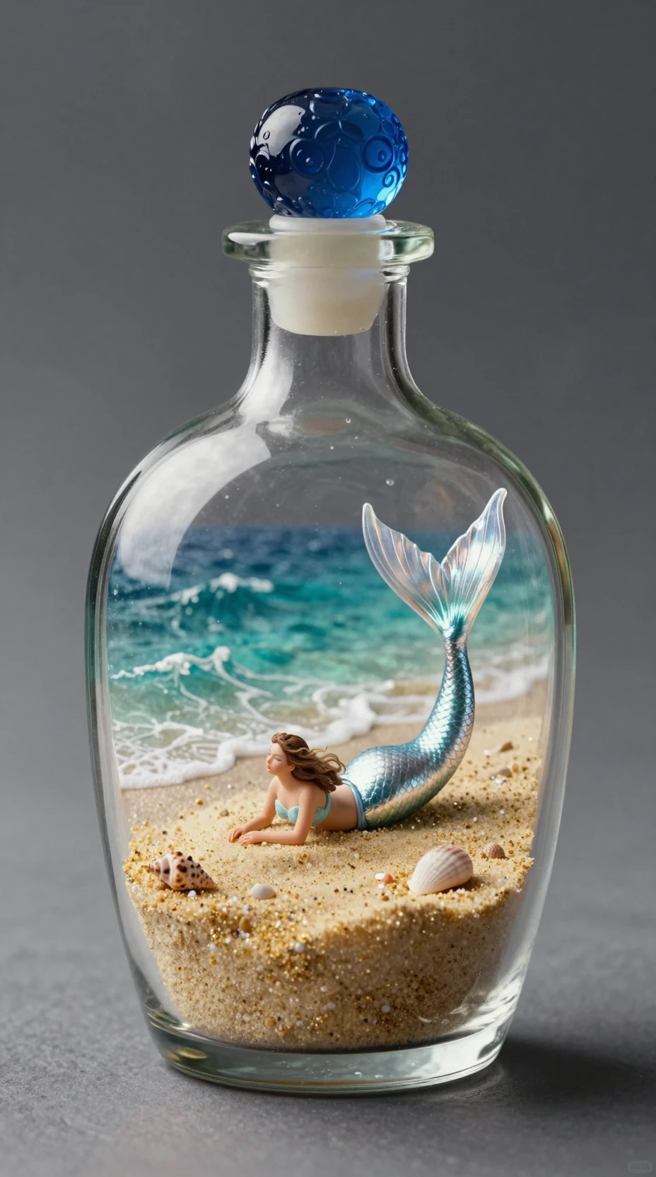 Scena di Spiaggia in Miniatura con Sirena dentro una Bottiglia di Vetro