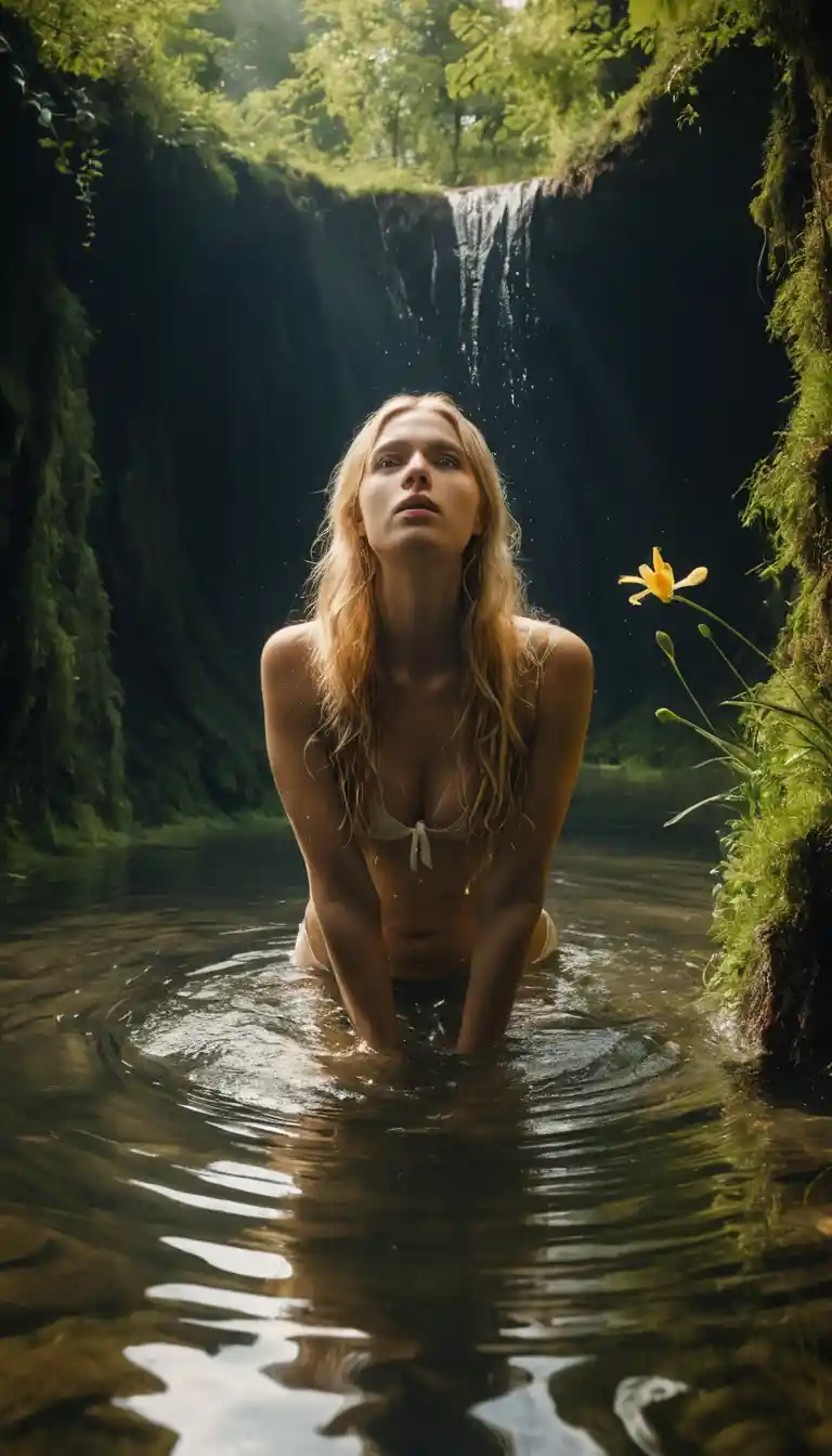 Joven mujer desnuda en estanque bañado por el sol con gansos blancos