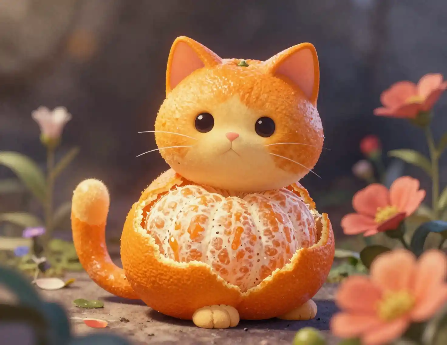 Surrealistische 3D-Katzen-Orange zwischen leuchtenden Blumen