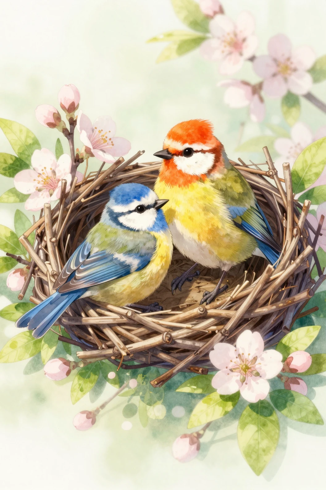 Dos pájaros cantores descansando en un nido de ramas con flores de primavera