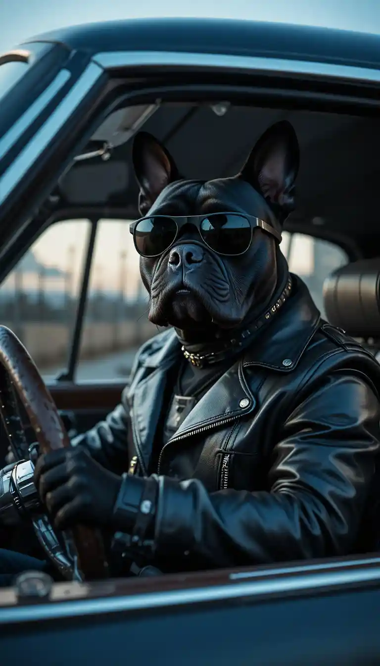 French bulldog driver in a luxury classic car interior