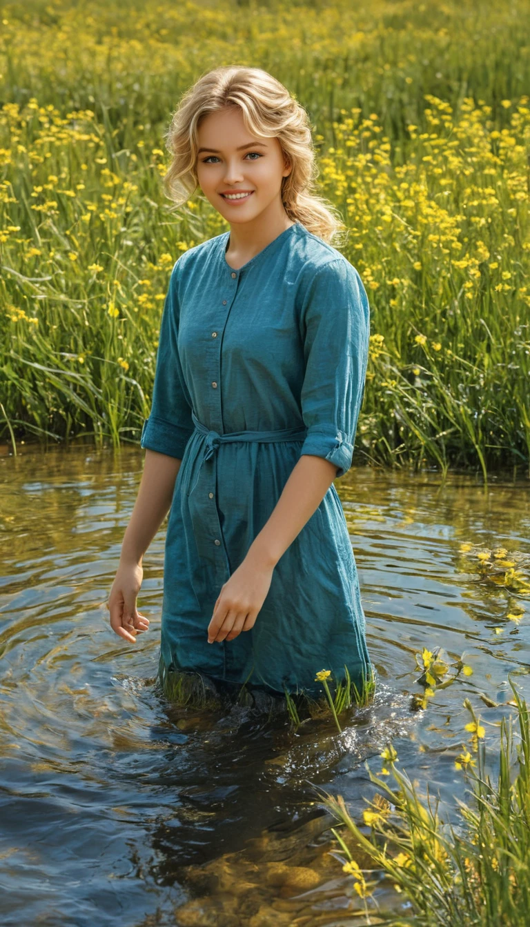 Junge nackte Frau steht in einem sonnenbeschienenen Teich mit Gänsen