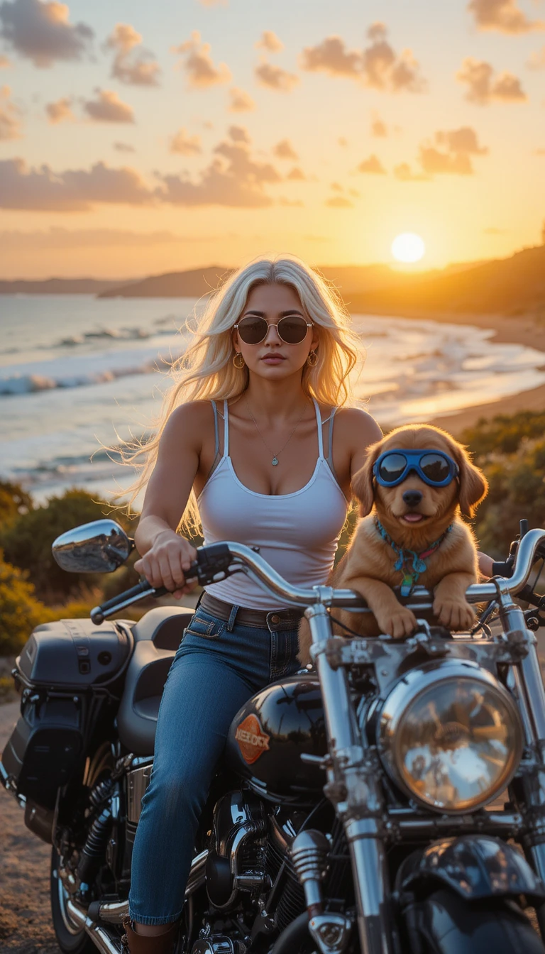 Woman riding motorcycle with dog in sidecar at sunset
