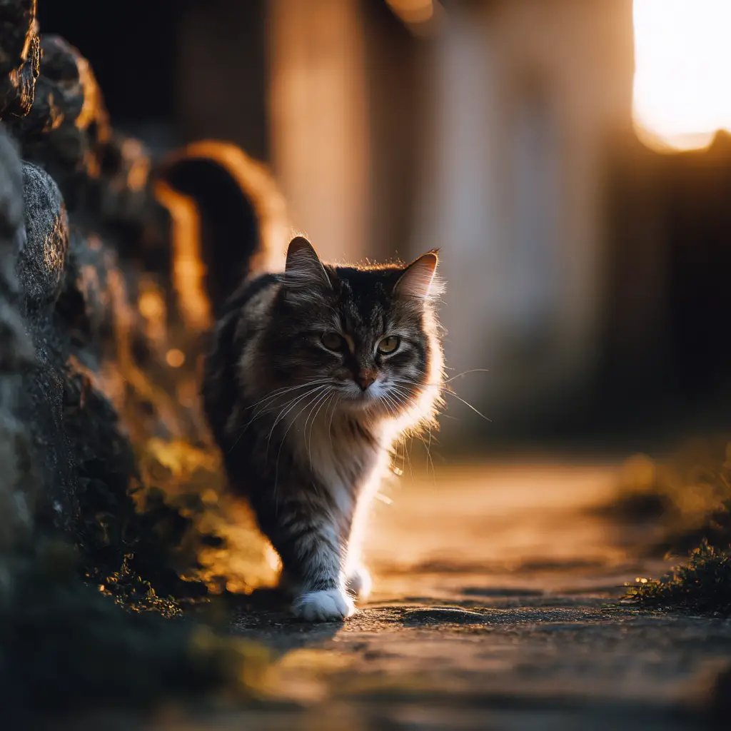 Curious cat on a quiet village path at dusk