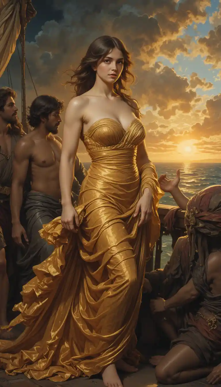 Jason bearing the Golden Fleece aboard the Argo at sunset