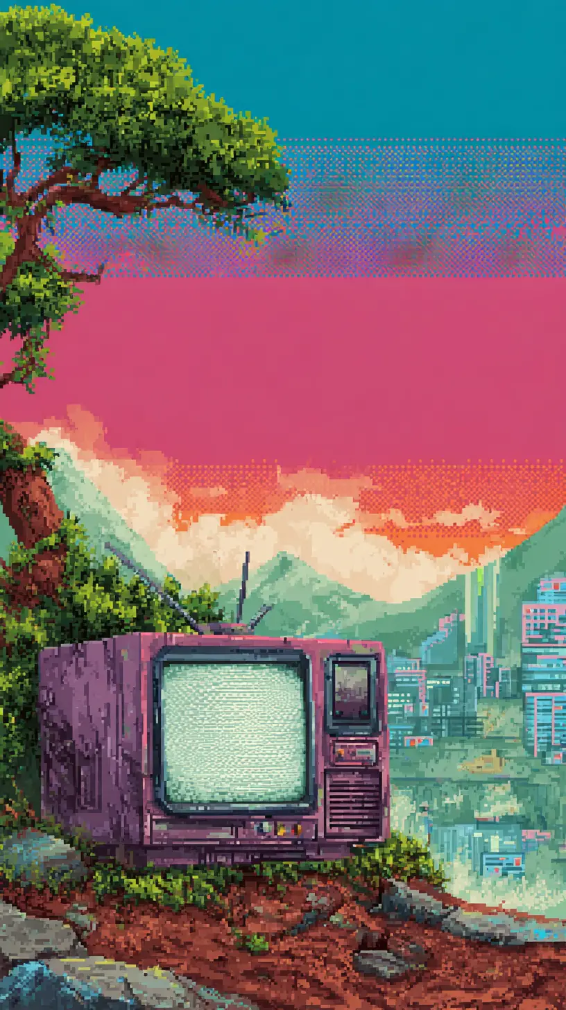 Retro futuristic pixel art landscape with vibrant nes colors