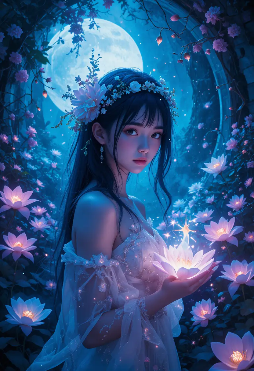 Bioluminescent anime girl in a moonlit magical garden