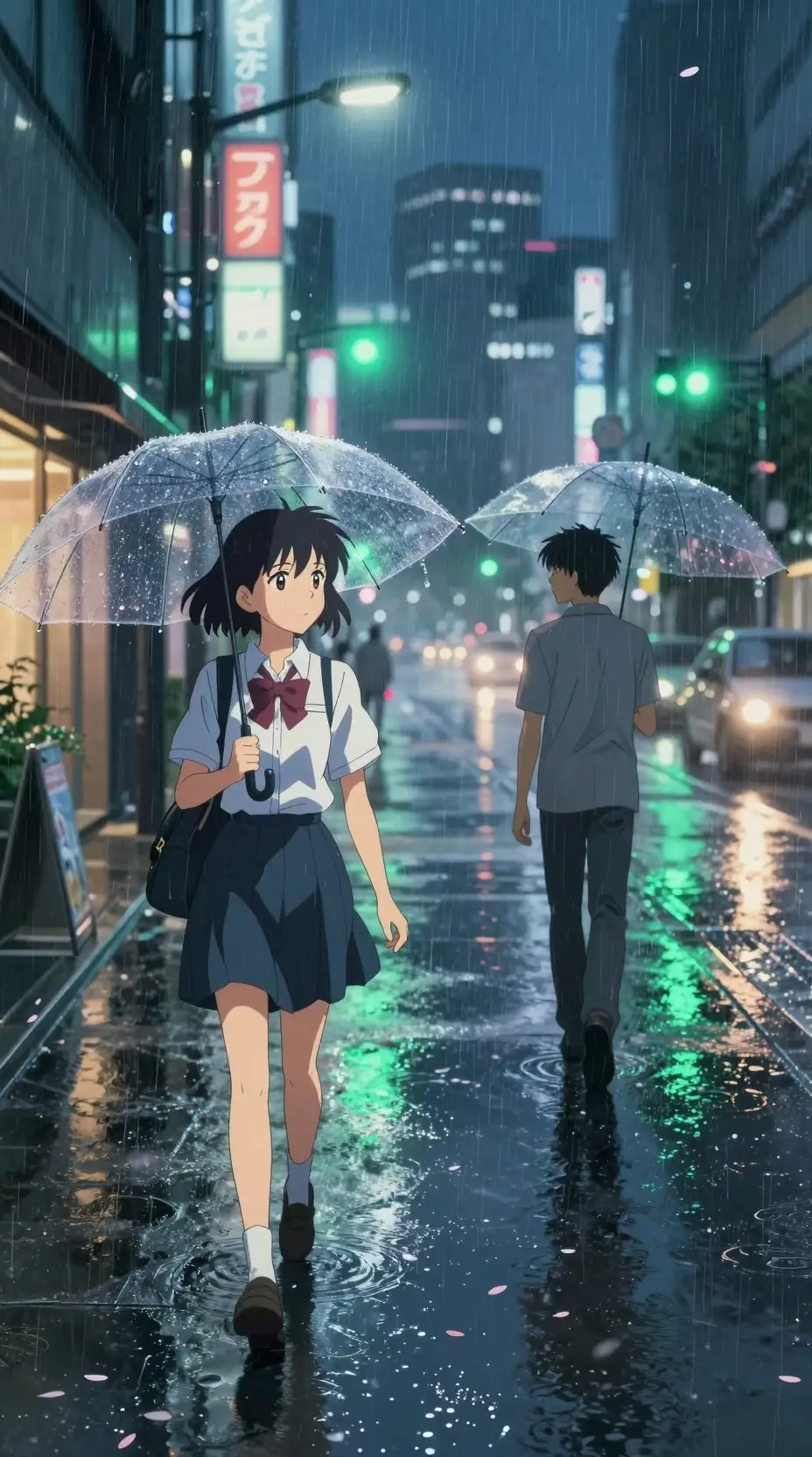 Anime teens crossing a rainy neon city street