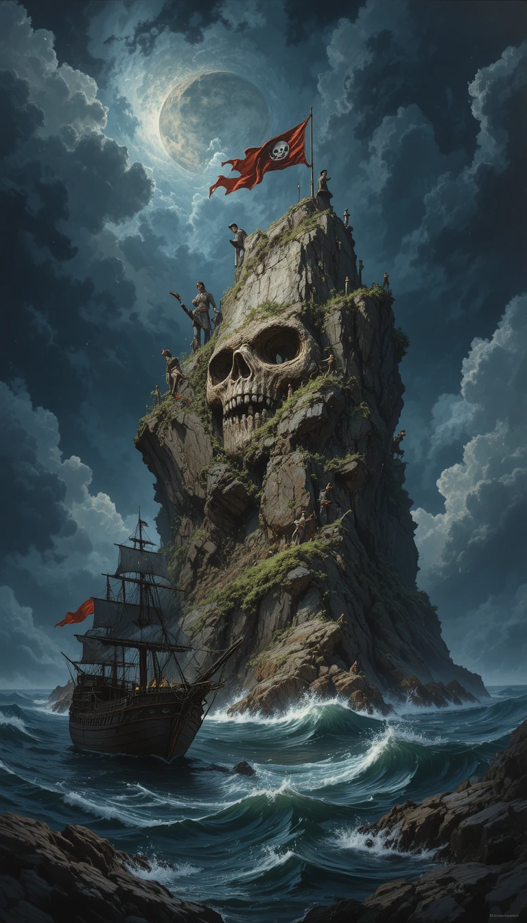 Mare in tempesta con isola rocciosa a forma di teschio e nave pirata