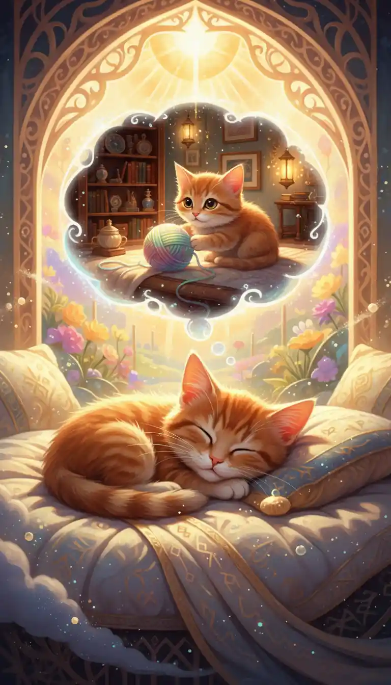 Sleeping orange kitten curled up on a cozy bed