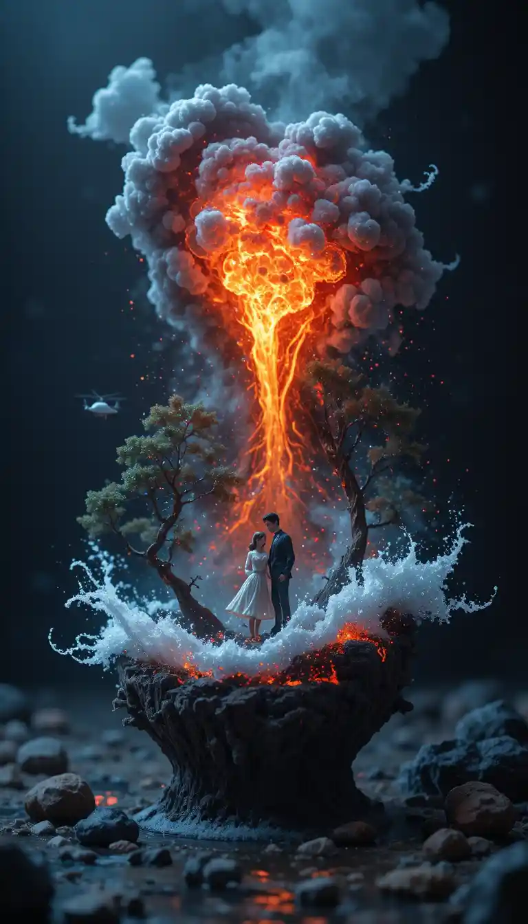 Miniature volcanic landscape on a drifting log in water