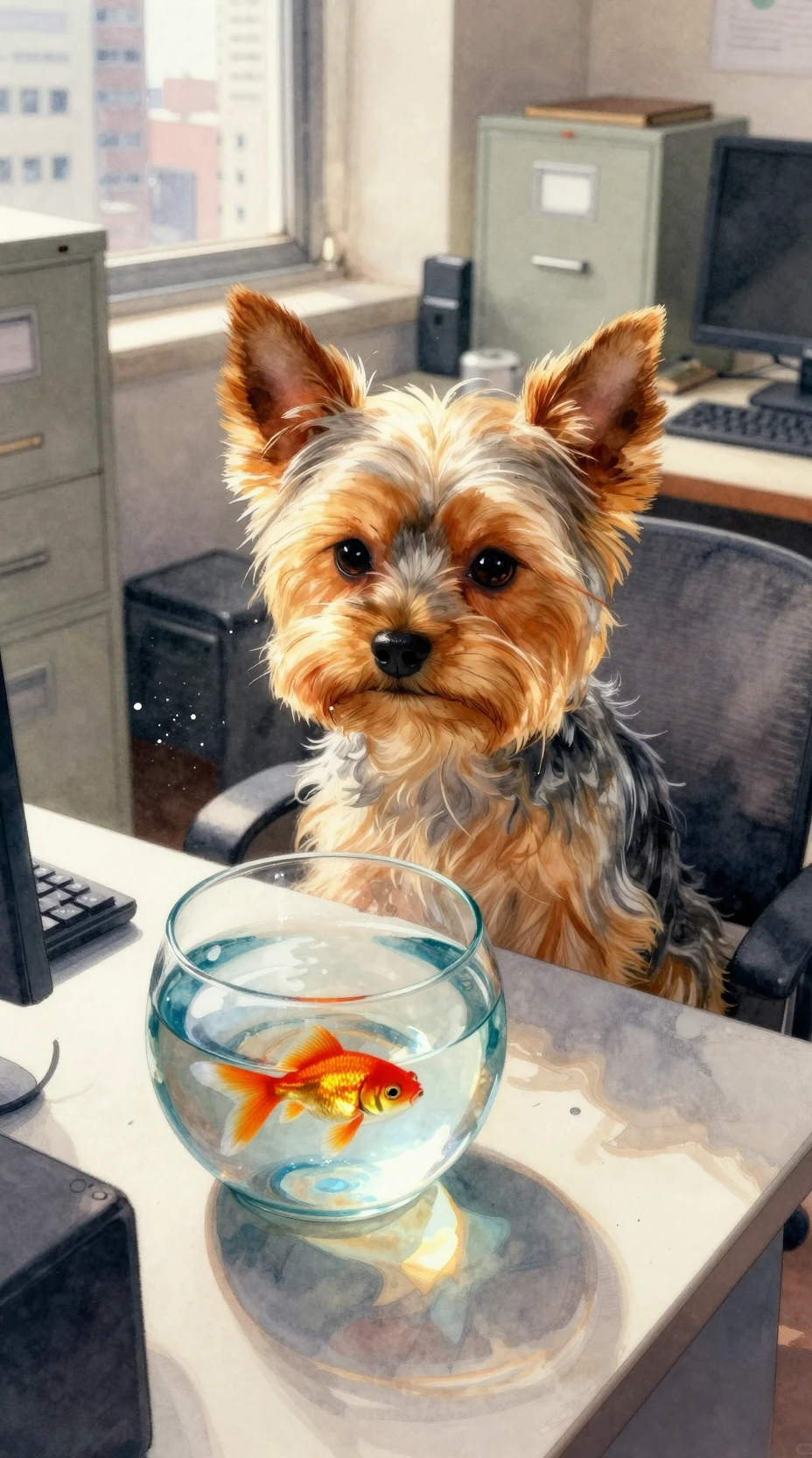 金魚のいる散らかったオフィスデスクの水彩画の犬