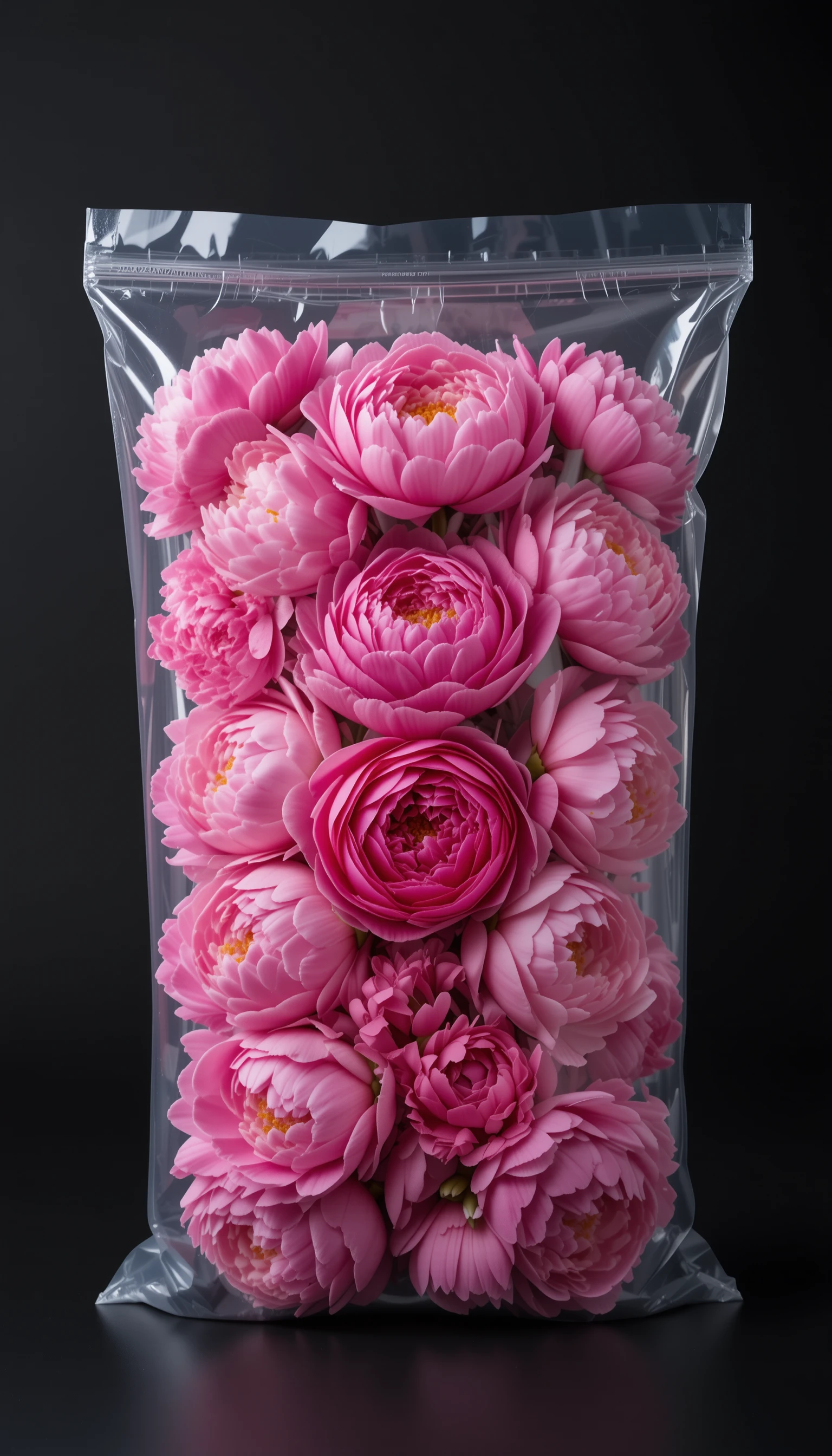 Pivoines roses sous vide dans un sac plastique transparent