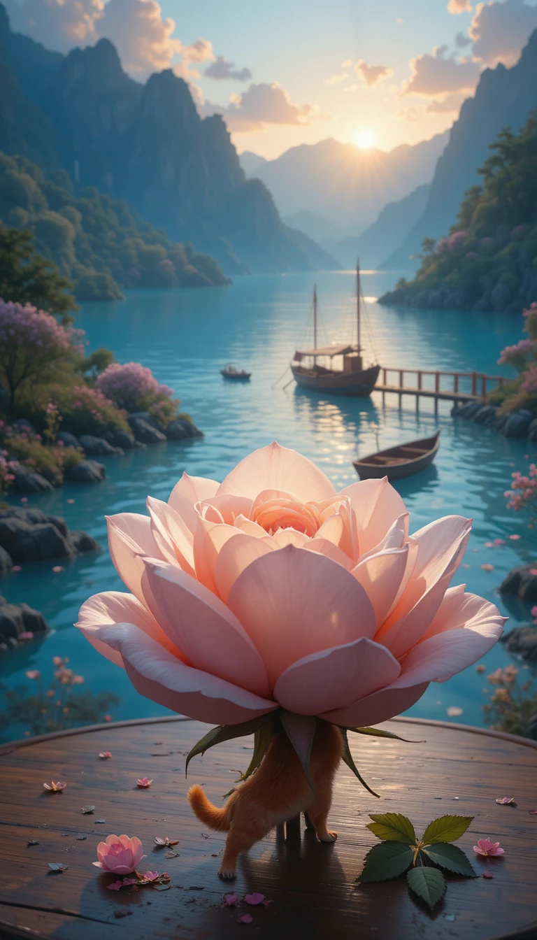 Zarte Rose entfaltet sich zu einem winzigen See auf einem Tisch
